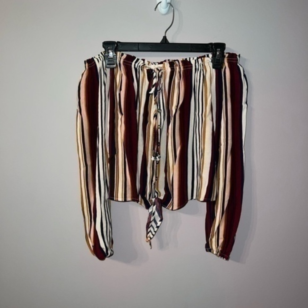 Off the shoulder maroon, navy blue, white, and mustard striped rewind top XS